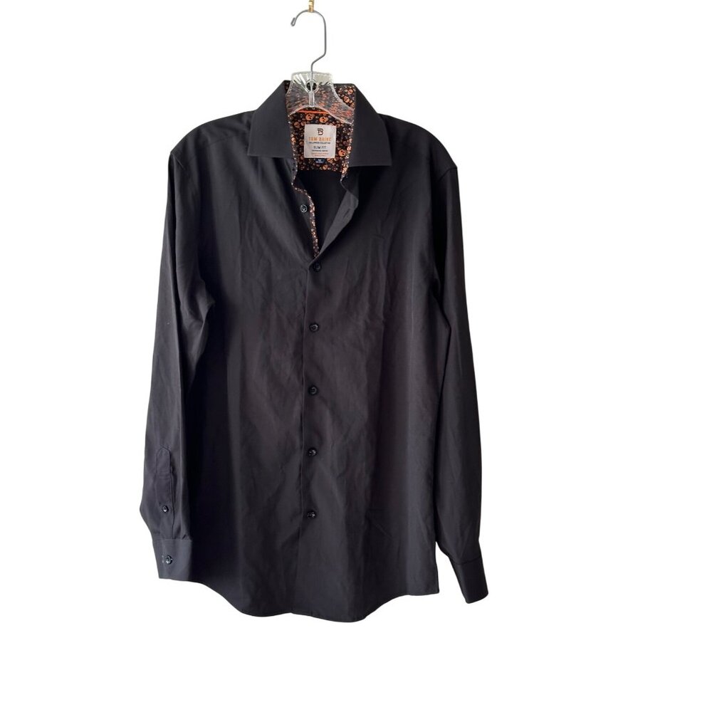 Tom Baine Slim Fit Black Halloween Collection Shirt W/ Skull Print Trim Size M
